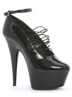 Ellie Black Patent Strappy Platform Stripper Pumps Heels, Sz 5